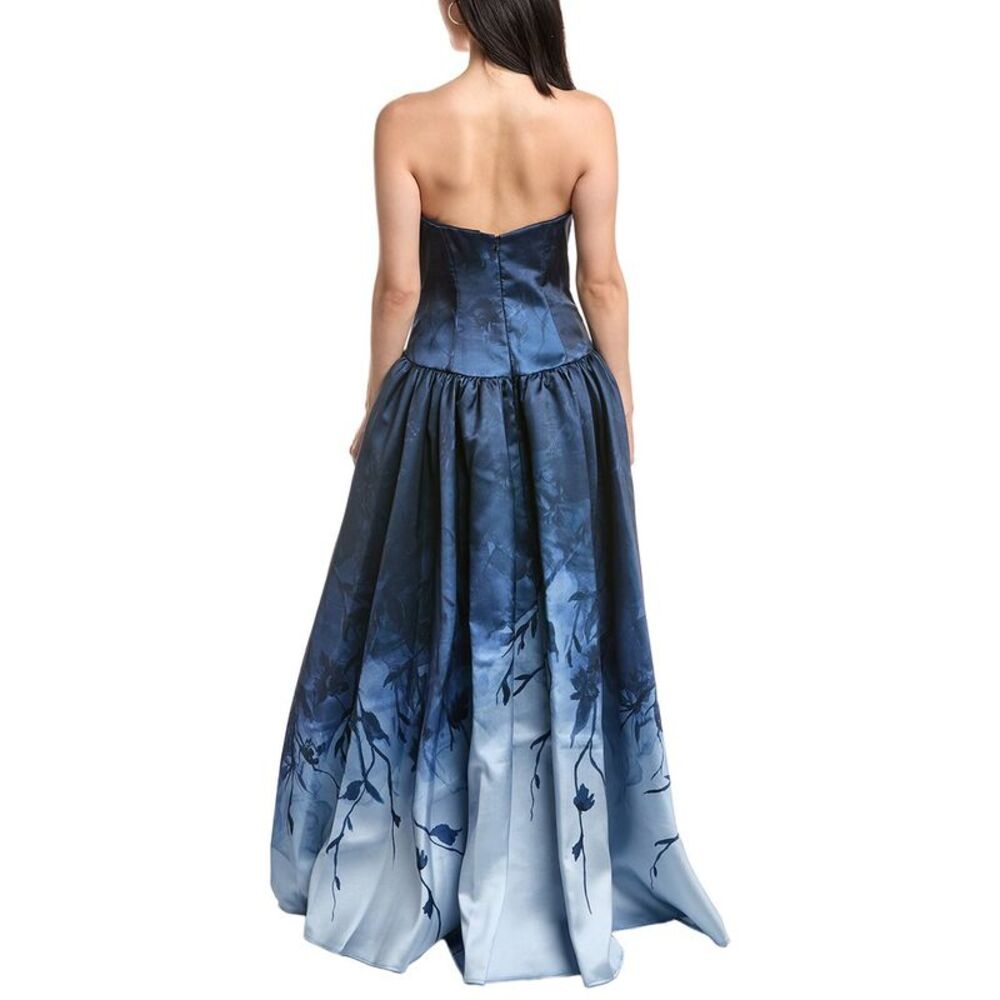 Marchesa Notte Womens  Strapless Printed Mikado Ball Gown, Blue - Picture 2 of 3